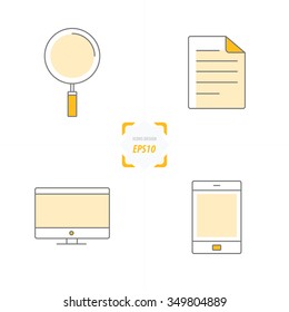 Icons Phone, Paper, Computer And Magnifier yellow style