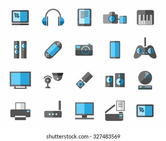Icons photo and video equipment, non-ferrous, grey, blue. Colored flat icons photo and video equipment, audio equipment and computers. Grey and blue color on a white background.  
