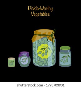 Icons of pickled olives. Olives in glass jars and cans representing pickle-worthy vegetables. Vector Illustration