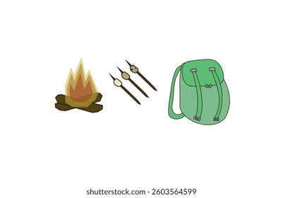 icons picnic set hiking backpack skewers marshmallows outdoor recreation vacation summer camp bonfire fire wood