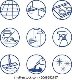 Iconos, pictogramas de objetos de limpieza. Líneas