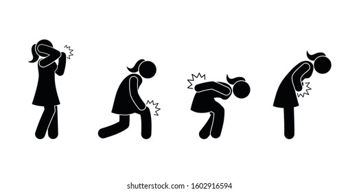 Icons of pictograms of figures of a girl with pain, trauma, soreness, problems. A woman having pain and discomfort in different parts of the body.