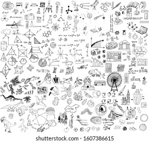 Icons with pictures on the theme of school subjects in the style of doodling. Doodling school. Black-and-white sketches on a variety of topics.