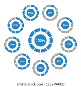 Icons pie graph circle percentage blue chart 10 20 30 40 50 60 70 80 90 100 % set illustration round vector