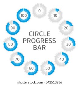 Icons pie graph circle percentage blue chart. Infographics vector: 0%, 10%, 20%, 30%, 40%, 50%, 60%, 70%, 80%, 90%, 100% colored diagrams, isolated on white background.