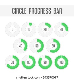 Icons pie graph circle percentage green chart. Infographics vector: 0%, 10%, 20%, 30%, 40%, 50%, 60%, 70%, 80%, 90%, 100% colored diagrams, isolated on white background.