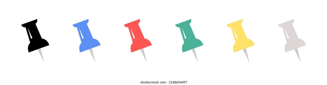 Icons of pin buttons, needles. Flat symbols of push pins set illustration isolated for note and attach in office. Vector. Pushpins, thumbtack for notice attaching. Stationery.