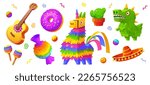 Icons of pinata, Mexican hat, cactus, guitar and maraca. Spanish birthday party or Cinco de Mayo with pinata in shape of donkey, donut, candy and dinosaur, vector cartoon illustration