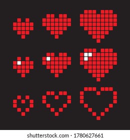 Icons of Pixel hearts. Isolated vector file.