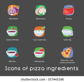 Icons of pizza ingredients. Vector doodle style.