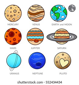 Icons planet of solar system, line art vector illustration