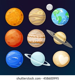 Icons of the planet of the solar system on night sky background, vector illustration