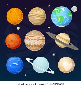 Icons of the planet of the solar system on night sky background with stars, vector illustration