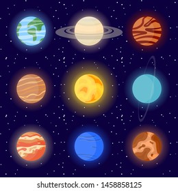 Icons of planets of the solar system and the sun. Cartoon vector illustration on the cosmic background.