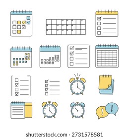 Ícones para a lista de verificação Programação de Planejamento e Gerenciamento de Tempo com Calendários e Alarmes