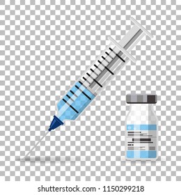 Icons plastic medical syringe with needle and vial in flat style, concept of vaccination, injection, vector illustration on transparent background