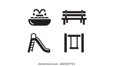 Icons of playground equipment featuring a slide swing bench and fountain representing park play elements