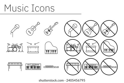 Icons for playing musical instruments and playing prohibited - Translation: Icons for playing musical instruments and playing prohibited