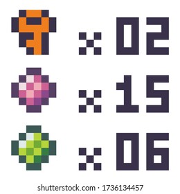 Iconos y puntos en la ilustración vectorial de estilo píxel, teclas de puntos de puntuación y piedras angulares, número y tablero de información, juego de 8 bits pixelado. Caricatura minimalista objeto pixelado aislado del juego de píxeles en cascada