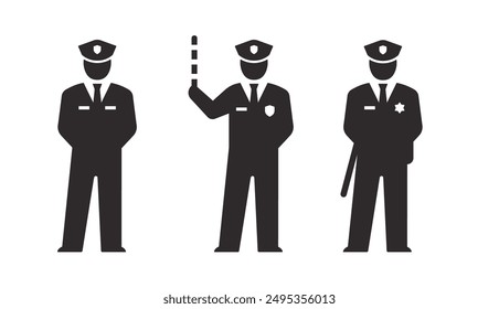 Icons of police officers in various poses. These vector illustrations are suitable for use in materials related to law enforcement, security and public safety.