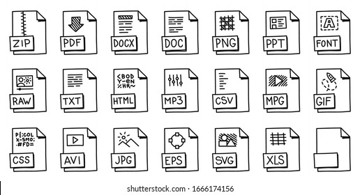 Icons for popular file and document formats. File label sketch. Cartoon hand drawn vector white and black outline line.