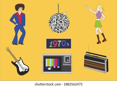 Icons of popular items used in 1970s.