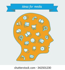 Icons popular tools for social media managers. Human head in profile with icons of tools and services. Vector flat illustration for background. Idea for banner or app of learning and training