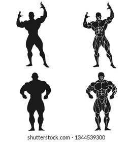 Symbole, die Bodybuilder posieren, einzeln auf weißem Hintergrund. Vektorgrafik