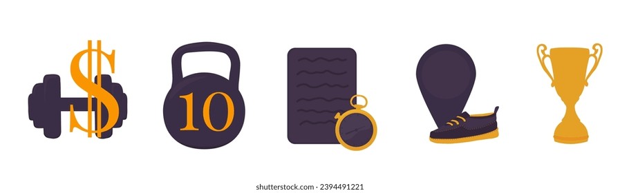 Icons for posts in social networks of the gym. Stories. schedule, location, achievement, price list, prices, work schedule, gym, workout. Vector stock illustration. isolated on a white background.