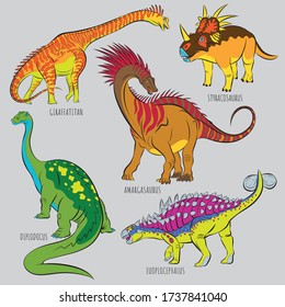 Icons of prehistoric herbivore monster reptiles. Outlines of giraffatitan, styracosaurus, amargasaurus, diplodocus, euoplocephalus.