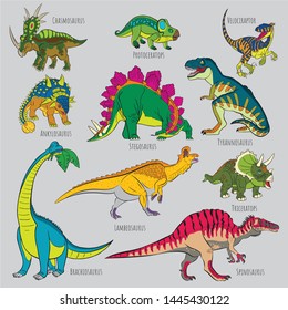 Icons of prehistoric reptile monsters. Outline of Triceratops and Brachiosaurus, Tyrannosaurus and Stegosaurus, Spinosaurus and Velociraptor, Ankylosaurus and Tyrannosaurus, Hasmosaurus and Lambeosaur