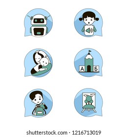 Icons for pre-school development centres with on following themes - robotics, mother and baby
activities, preparation for school, speech therapist, baby games, fine arts. Vector illustration.