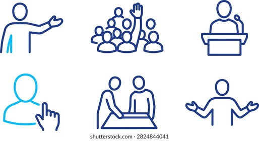 Icons of presenter, audience, pointing finger, meeting, two people, gesturing. Blue outlines for human interaction.