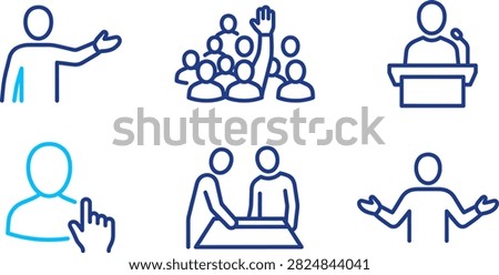 Icons of presenter, audience, pointing finger, meeting, two people, gesturing. Blue outlines for human interaction.