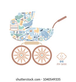Icons of products for babies In the form of a baby carriage. Vector illustration