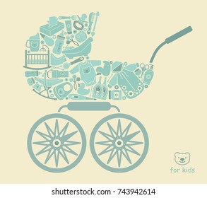 Icons of products for babies In the form of a stroller. Vector illustration