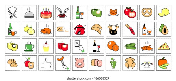 Icons products. Colorful vector food icons on white background