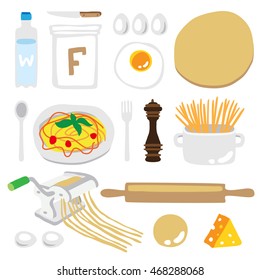Icons of products for cooking spaghetti. Vector illustration on white background. Elements for design. Italian Cuisine.