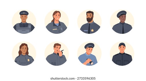 Icons of professional police workers. Vector pictures of women and men in uniforms. Law enforcement officers portraits collections. Sheriff and patrolman, security guard and policeman avatars