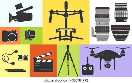 Icons of professional video and photo equipment including a camera action camera camcorder hard drive drone and lenses