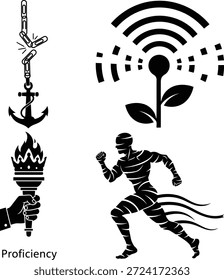 Iconos del progreso: rompiendo las cadenas, crecimiento digital, movimiento atlético, y antorcha de la competencia aislada en el fondo blanco, Vector