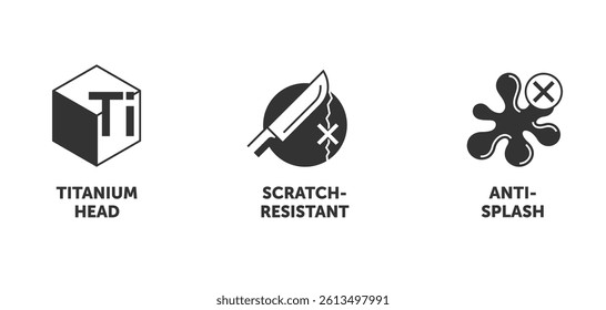 Icons with properties of protective surface in Kitchen electronics such as blender - Titanium head, Scratch-resistant, Anti-splash coating. Pictograms for labeling in monochrome style