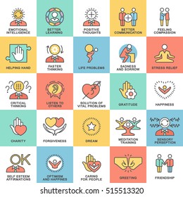 Icons psychological features of human personality. Thoughts, emotions, empathy, assistance and relationships. The thin contour lines with color fills.