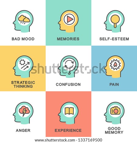 Icons psychology of personality. Psychology of the human personality in the process of life. The thin contour lines with color fills.