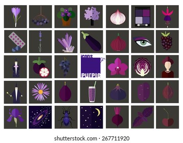 Icons of purple (violet). Set of flat icons associated with purple color. Icons of food, nature, people and other objects in purple color.