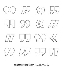 Icons of quotes in thin linear style. Different variants of quotation marks to indicate utterances, phrases, callouts, etc. Contour double commas for quotes on white background. 