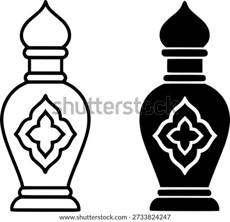 Icons for Ramadan or Eid al-Fitr, attar illustrations, black and white in outline and silhouette versions