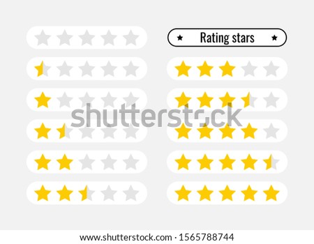 Icons for rating. Gold five-pointed stars, half stars on a white tag. Score from 0 to 5 and up to 10. Isolated illustration on gray background. Flat style. Vector stock image