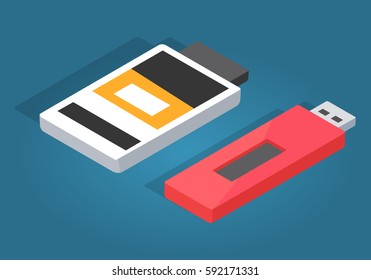 Icons of red usb and white memory card reader isolated on blue. Vector illustration of flash memory drive able to connecting with computer. Web banner of usb in cartoon style flat and shadow design.