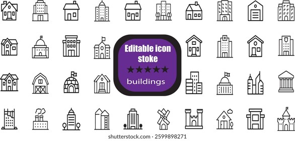icons related to buildings, real estate. Outline icon collection. Vector illustration.